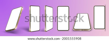 Isolated realistic mobile phone in various positions, side, top and tilt. A mock-up of a golden phone with a blank screen for text. Template for infographics or presentation UI, UX design interface. 