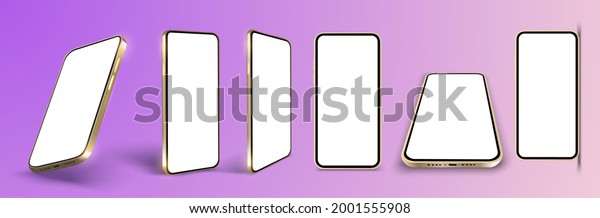Isolated realistic mobile phone in various positions,\
side, top and tilt. A mock-up of a golden phone with a blank screen\
for text. Template for infographics or presentation UI, UX design\
interface. 