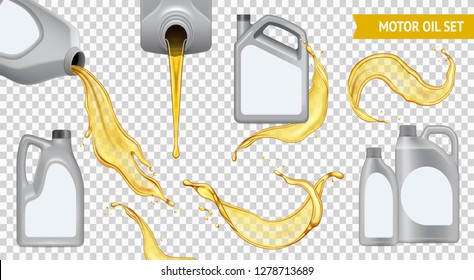 Isolated realistic motor oil transparent icon set jerrycan with yellow oil on transparent background vector illustration