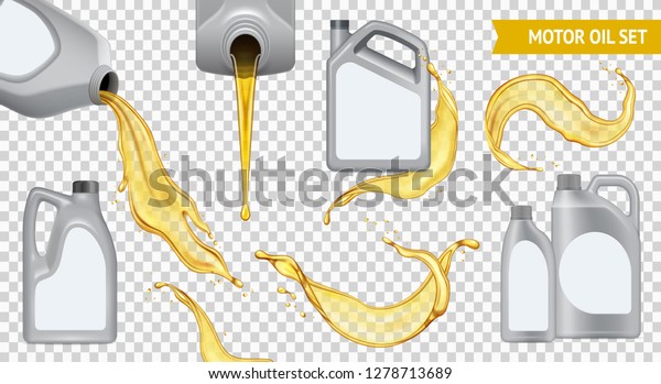 Isolated\
realistic motor oil transparent icon set jerrycan with yellow oil\
on transparent background vector\
illustration