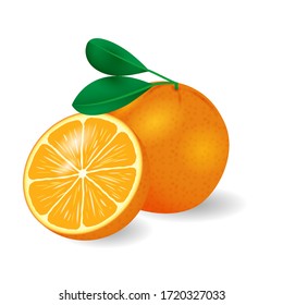 Isolated realistic orange with a green leaf and a juicy slice. Useful product for a healthy diet. Element for your design.