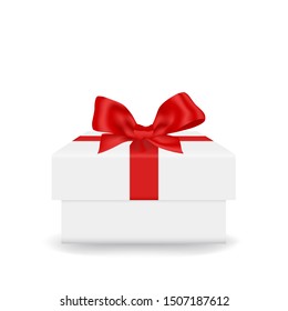isolated of realistic red ribbon bow on mockup white gift box on white background. Concept for ribbon tie for new year or christmas decoration in vector illustration