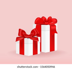 isolated of realistic red ribbon bow on mockup white gift box on white background. Concept for ribbon tie for new year or christmas decoration in vector illustration