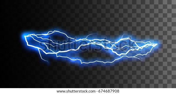 チェッカーの透明な背景にリアルな光沢のある稲妻または電気の爆風 放電 デザインに対する雷の視覚効果 ベクターイラスト のベクター画像素材 ロイヤリティフリー