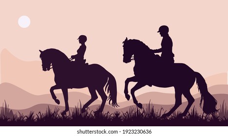 isolated realistic silhouettes of two riders against the sky
