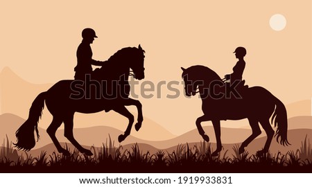 isolated realistic silhouettes of two riders against the sky