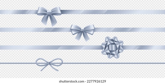 Isolated realistic silver ribbon gift bow knot on transparent background in vector. Rope string for birthday present box collection. Holiday shiny silk wrap decoration. Luxury package border png set