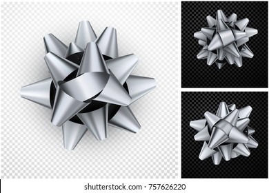 Isolated realistic silver satin bow for gift. Vector illustration.