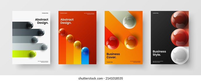 Isolated realistic spheres front page illustration collection. Bright corporate cover vector design template set.