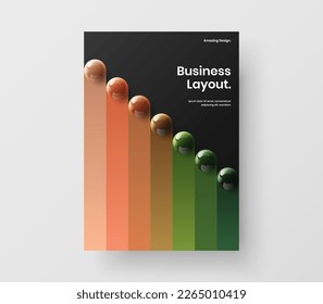 Isolated realistic spheres magazine cover layout. Geometric corporate identity vector design template.