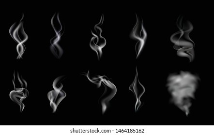 Icono de humo aislado y realista, blanco y translúcido en ilustración vectorial de fondo negro