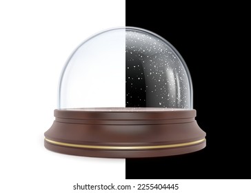 Esfera de vidrio transparente aislada y realista sobre soporte de madera. Globo de cristal decorativo, elemento festivo. juguete mágico, diseño 3d del vector de accesorios de oficina