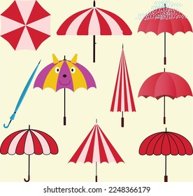Icono de paraguas aislado y realista. Abre y dobla el paraguas. Un conjunto de paraguas diferentes en diferentes posiciones. Todos los componentes están aislados. Accesorio elegante para la protección contra la lluvia o el sol