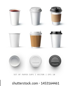 Isolated realistic vector mockup cup for coffee or tea. Front, side and top view. A set of mockup. Vector illustration