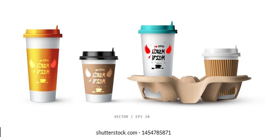 Isolated realistic vector mockup cup for coffee or tea.The template design of the paper cup for cappuccino, espresso, latte, soda. Vector illustration