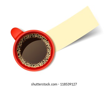 Isolated realistic vector red cup of hot coffee with empty piece of paper.