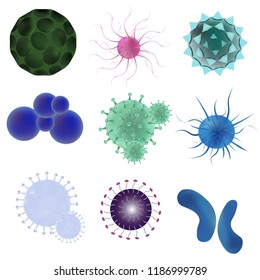 Isolated realistic vector set viruses and bacteria. Viruses and bacteria under microscope. Concept Infected and Illness cell, disease-causing microorganism.