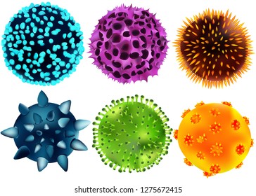Isolated realistic vector set of viruses and bacteria. Viruses and bacteria under the microscope. A non-cellular infectious agent is a virus