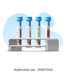 Isolated realistic vector template of blood test tubes for coronavirus with rack. 3D cartoon illustration on the background of abstract shapes for medical design, infographics. Analysis beaker.