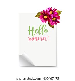 Isolated realistic vertical paper poster with curled corner and colorful red flowers. Hello summer, text. Vector illustration. Mock up.