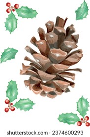 Isolated realistic watercolor vectorized pine cone and mistletoe chrismas set