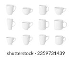 Isolated realistic white cup, drinking mug. 3d coffee cups, mugs mockup design. Beverages ceramic crockery, different pithy vector elements