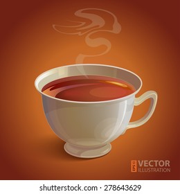 Isolated realistic white tea cup with vapor on brown background. RGB EPS 10 vector illustration