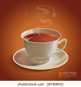 Isolated Realistic White Tea Cup And Saucer With Vapor On Brown Background. RGB EPS 10 Vector Illustration