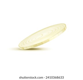 Isolated realistic yellow raw onion vegetable slice lies crisp and aromatic, releasing tear-inducing vapors. Its concentric layers promise a potent addition to culinary, adding bold flavor and texture