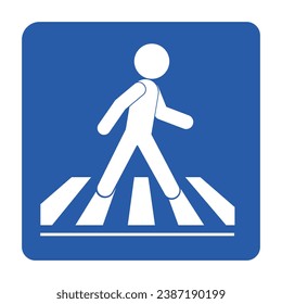 Signo blanco azul rectangular aislado de un pictograma hombre caminando por la calle, para cruzar la línea peatonal