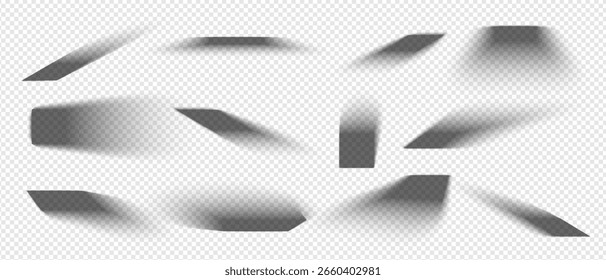 Isolated rectangular shadow with floor depth and corner blur. Black cube shape on white background. Clean vector overlay for mockup design, paper template or surface cover scene.