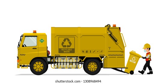 Isolated recyclable garbage truck and the keeper on transparent background