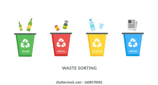 Isolated recycle bins for plastic, paper, glass and metal vector icons in flat style on white background. Waste sorting concept for poster, banner to protect the environment