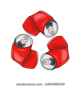 Isolated recycle, reuse, renew icon made from red used aluminium soft drink cans shape in triangle, for ecology, recycle, green symbol