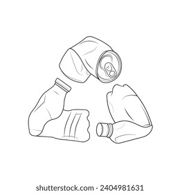 Isolated recycle, reuse, renew icon made from outline used bottle and soft drink can shape in triangle, for ecology, recycle, green symbol