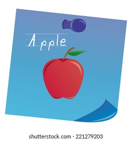 an isolated red apple on a blue paper with text
