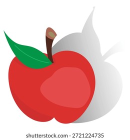 Manzana roja aislada con sombra; fruta jugosa dulce fresca objeto de color plano; comida vegana; producto de dibujos animados lleno de vitaminas, aislado sobre fondo blanco