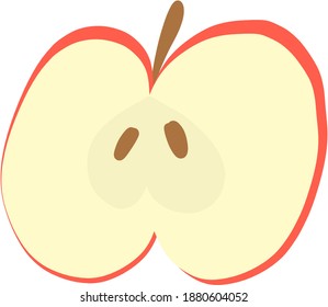 Isolated red apple slice with seeds. Juicy fresh vitamin tasty fruit. Concept of ripe apple for sticker, print, cover, greengrocery. Flat hand drawn design of single apple lobule. Healthy organic food