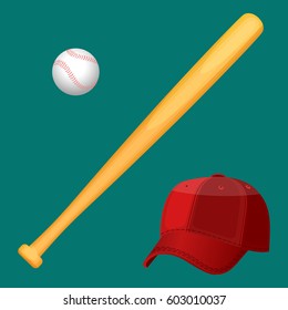 Isolated red baseball cap, wooden special bat and small white ball in realistic style on green background. Sport template with accessories poster. Baseball equipment colorful vector flat collection.