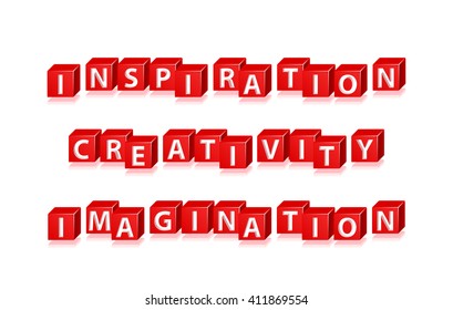 Isolated Red  Block Words " Inspiration, Creativity and Imagination " on White Background. Vector Illustration.
