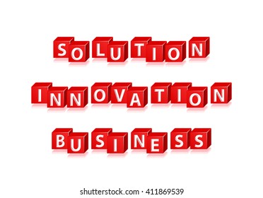 Isolated Red  Block  Words " Solution, Innovation and Business " on White Background. Vector Illustration.