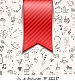 Isolated red bookmarkon background with doodle objects, vector illustration