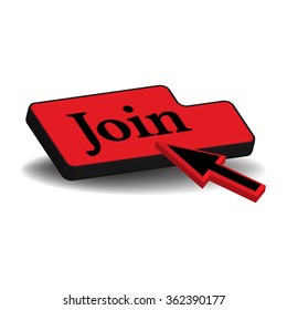 Isolated red button with the word join written with black letters and a red cursor preparing to press the button