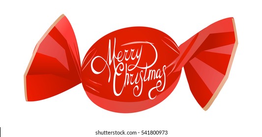 Isolated red candy. Candy icon. Merry Christmas vector text Calligraphic Lettering design card template.Creative typography for Holiday Greeting Gift Poster. Calligraphy Font style Banner