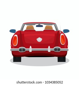 Isolated red car, retro cabriolet on white background with shadow. Rear back view. Simplistic realistic comic art style. Vector illustration