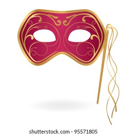 Isolated red Carnival mask with floral golden pattern. Vector illustration on white background