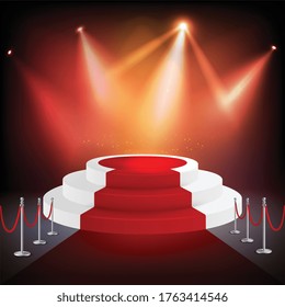 Isolated red carpet realistic composition with spotlights and pedestal or round podium vector illustration
