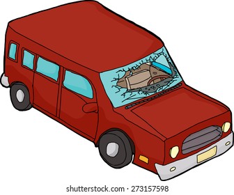 Isolated red cartoon car with broken windshield
