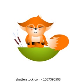 Isolated red cartoon fox cub on white background. Sitting in lotus pose frendly orange fox. Wild animal funny personage do yoga.