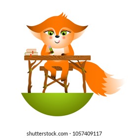 Isolated red cartoon fox cub on white background. Sitting in the school desk frendly orange fox. Wild animal funny personage.